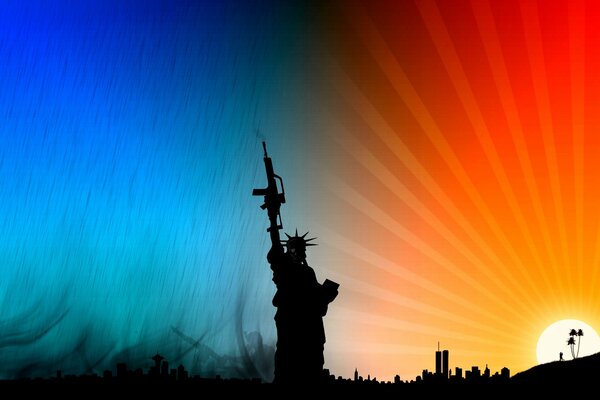 Statue of Liberty with a submachine gun in his hand against the background of the setting sun