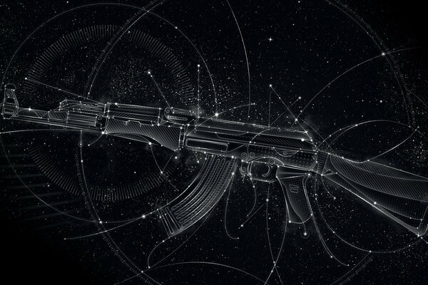 Graphic image of a Kalashnikov assault rifle on a dark background