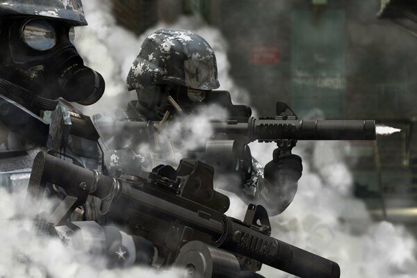 Soldiers in ammunition and rifles in their hands