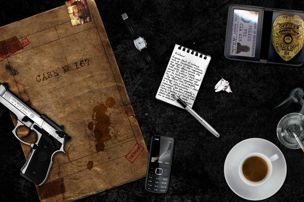 Detective theme with a gun, an officer s badge on the table