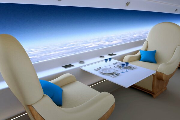 Business class airplane with panoramic view