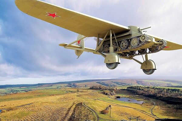 A tank flying in the sky over the fields