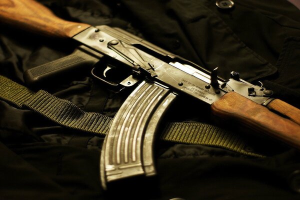 Kalashnikov assault rifle with wooden handle