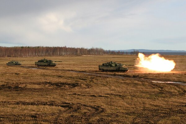 Trzy czołgi jeżdżą po polu