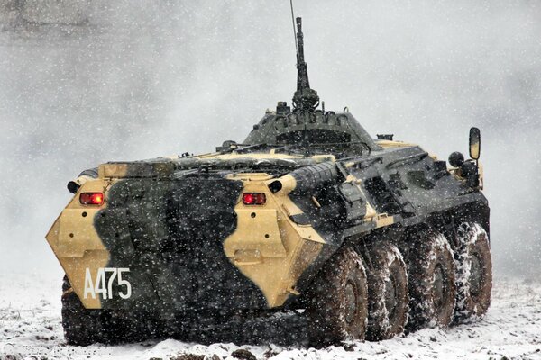 BTR A475 tank in winter in a snowstorm