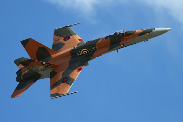 Camouflage aircraft. Blue sky