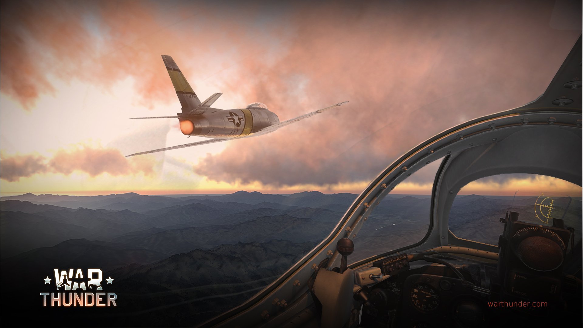 war thunder north american f-86 sabre american jet fighter design bureau mikoyan-gurevich mig-15 fagot soviet cabin cockpit sight speedometer hills korea sunset