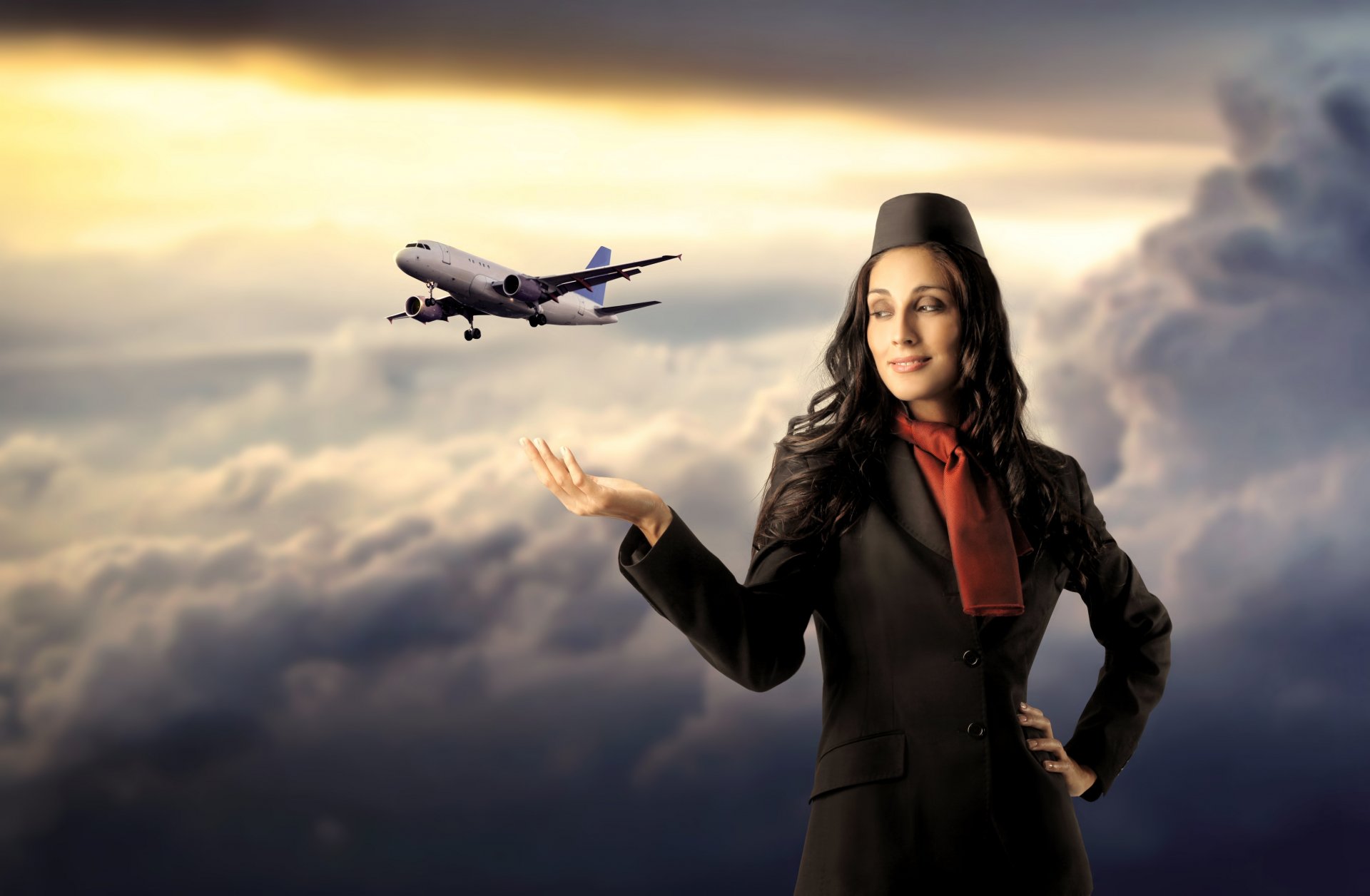 girl stewardess plane cloud