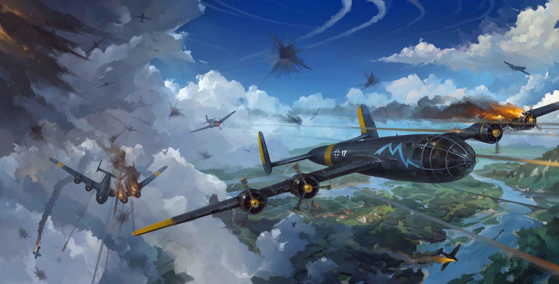 avions combat guerre ciel bataille nuages art terre