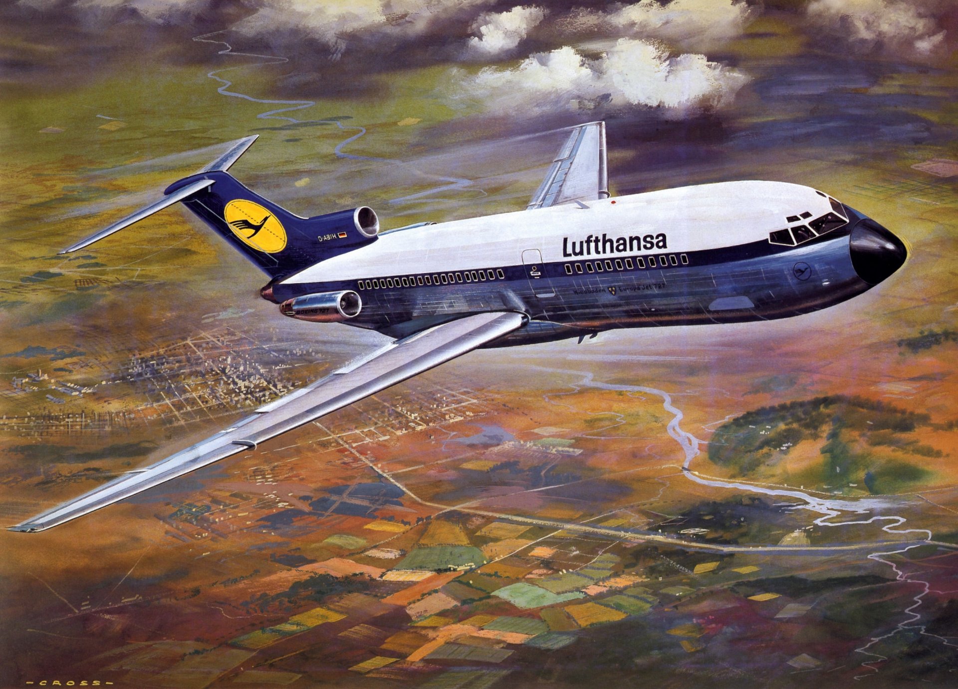 boeing b-727 pasajeros avión velocidad ciudad tierra lufthansa.lufthansa arte dibujo