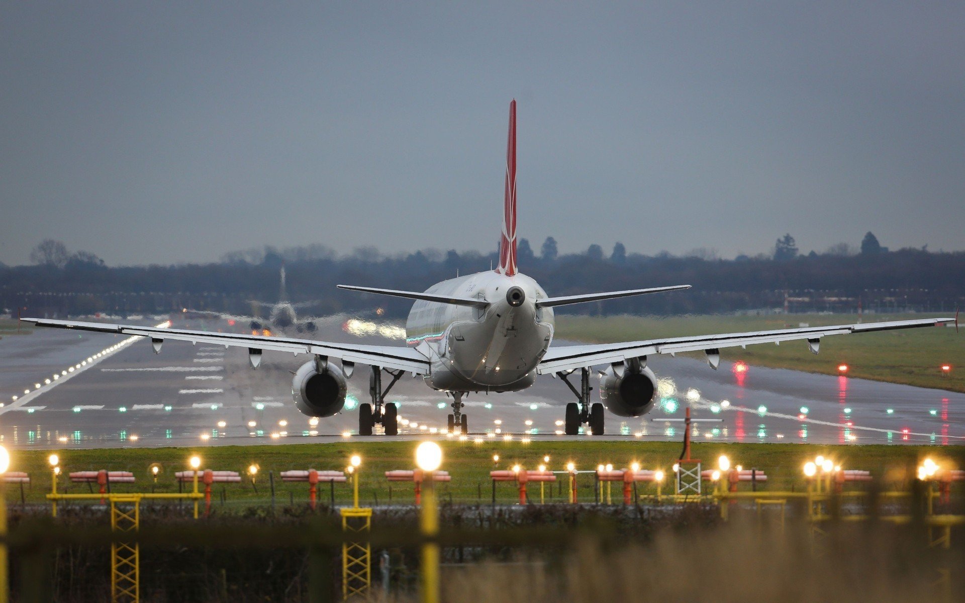 airbus a-320 airport passenger plane takeoff the band runway planting