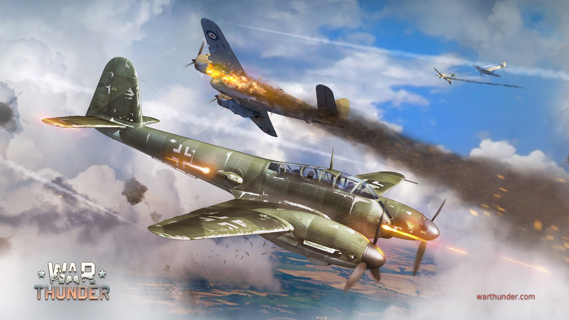 art war sky messerschmitt me.410 hornisse hornet german twin-engine heavy fighter bomber bristol beaufighter british torpedo bomber flame clouds war thunder supermarine spitfire spitfire bf.109 shooting smoke