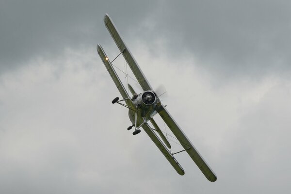 Das Mehrzweckflugzeug an-2 fliegt in den grauen Himmel