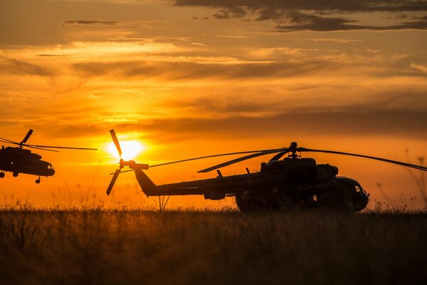 Russian helicopters on the background of sunset