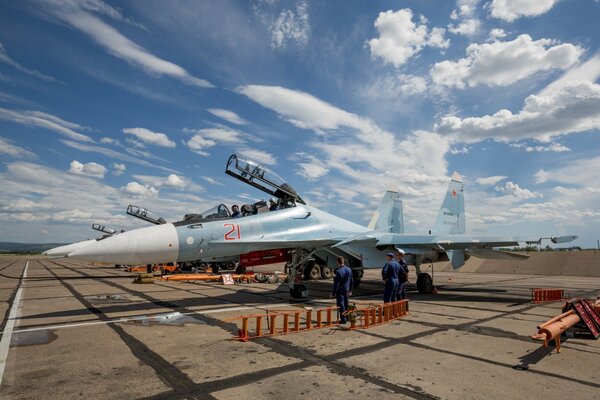 The pride of the Russian Air Force su-30 fighter at a military airfield