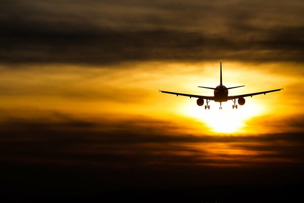 Avions de passagers, coucher de soleil, décollage, châssis, turbine