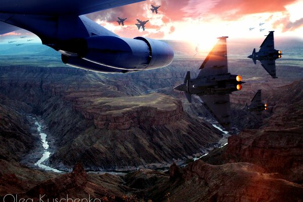 Военный истребители пролетаюттнад каньоном