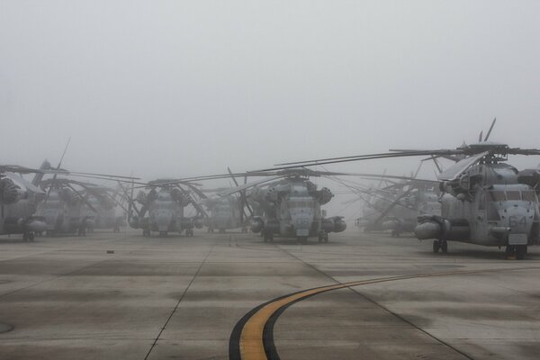 Foggy morning at a military airfield