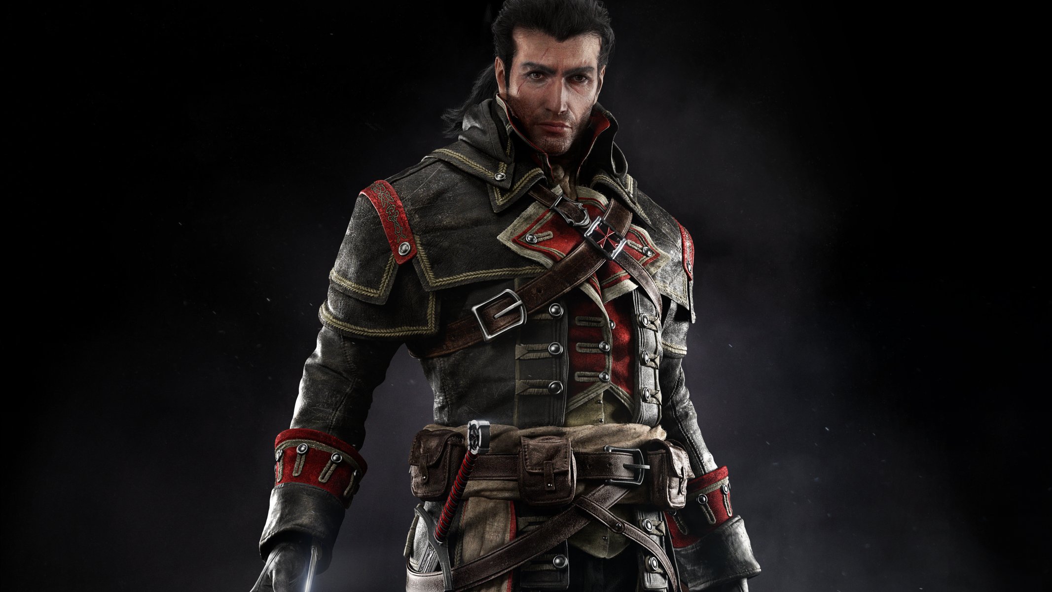 assassins creed: rogue templar killer shay patrick cormack suit scar mark sword belt view