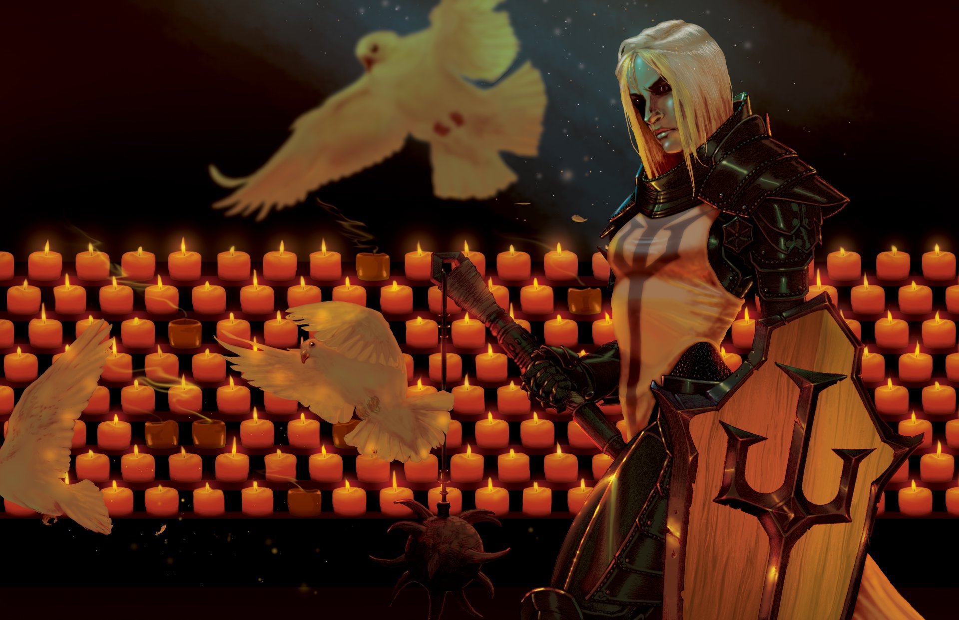 diablo iii: reaper of souls bouclier fille art croisé pigeon oiseaux bougies diablo 3