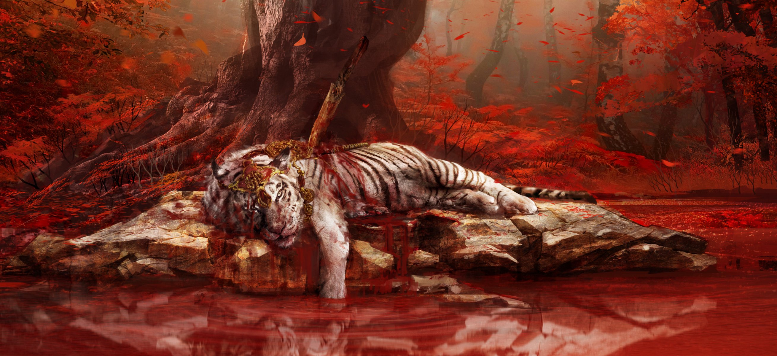 far cry 4 ubisoft tigre tigre blanco agua piedras selva árboles heridas sangre lagos reflexión daga vista kirat