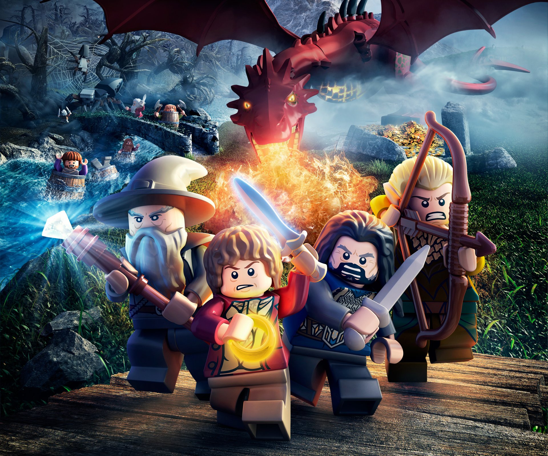 lego: hobbit lego jouets bilbo beggins bilbo hobbit gandalf gandalf magicien bâton épées brouillard dragon feu arc flèche pont eau toile d araignée araignée arbres or herbe tt games warner bros. interactive entertainment