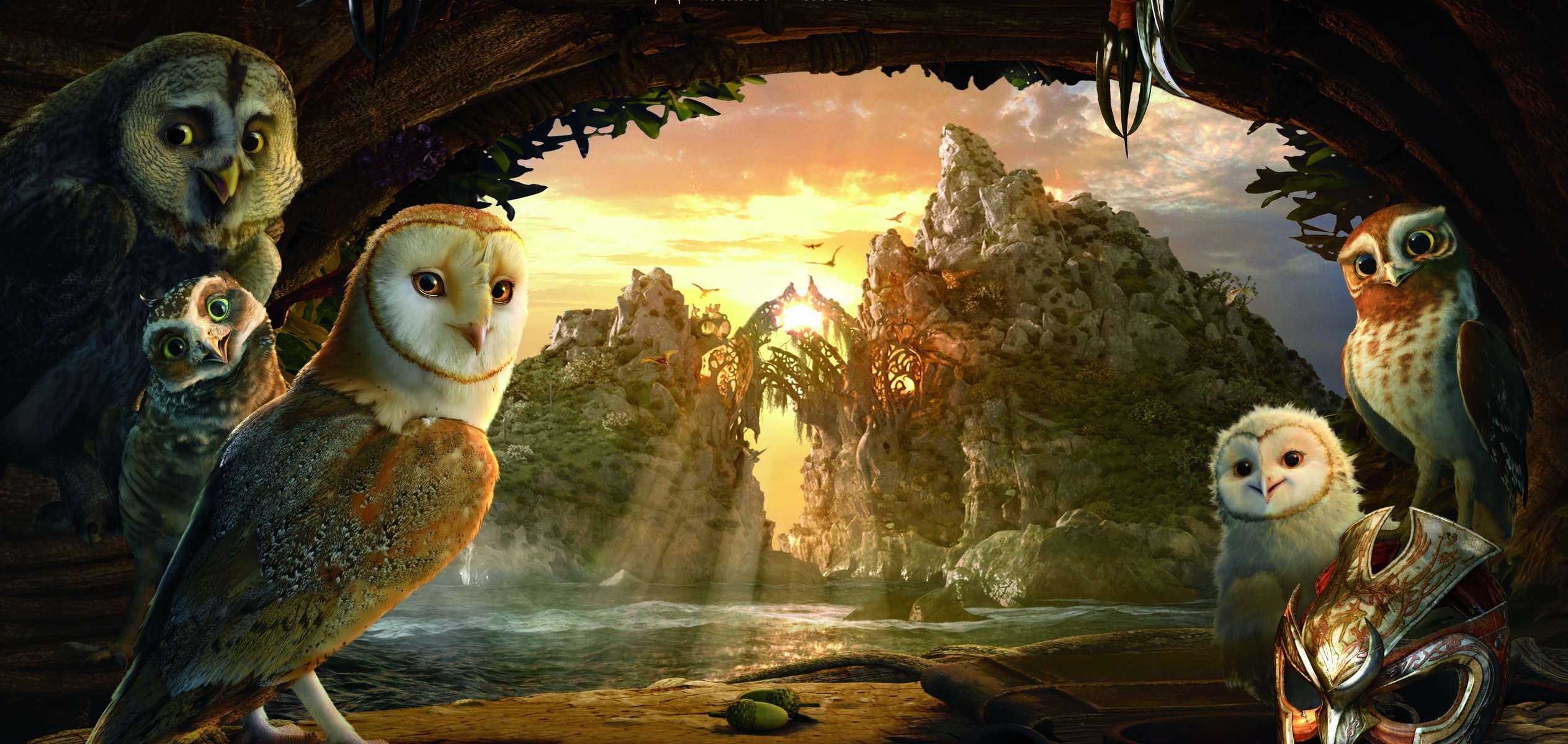 the legend of the guardians the owls of ga hoole 3 d movie beautiful wallpapers cartoon legend of the guardians: the owls of ga hoole beautiful birds owl mask sunset river night mountain rock tree sky clouds bright colors sun ray