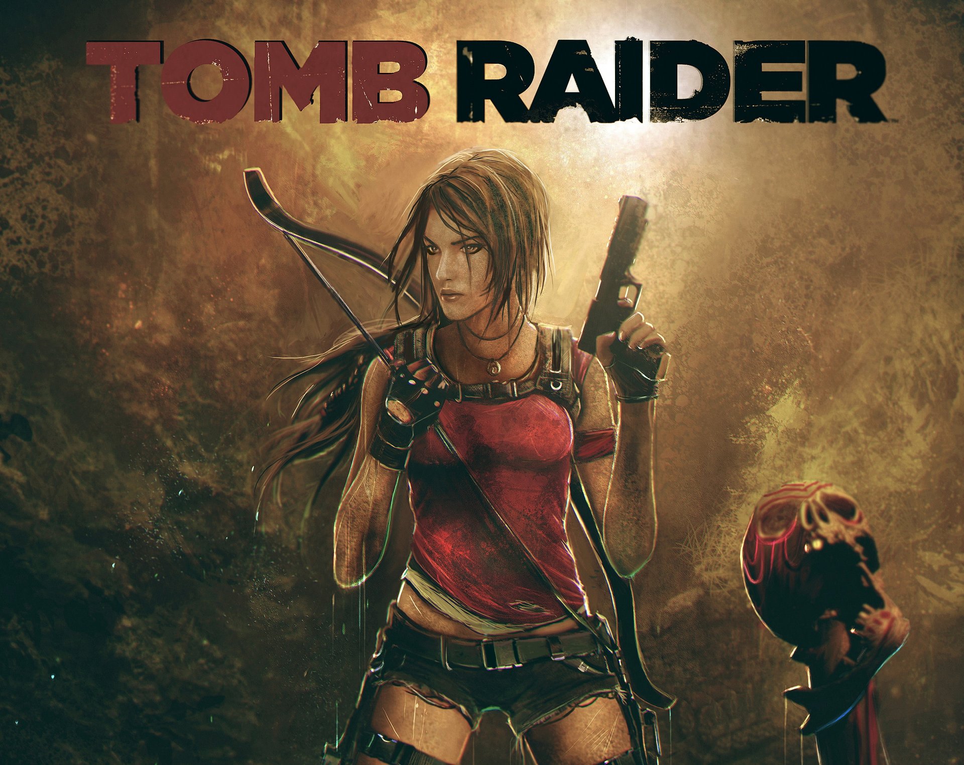 tomb raider czaszka sztuka gra dziewczyna tomb raider lara croft broń crystal dynamics eidos pistolety łuk square enix