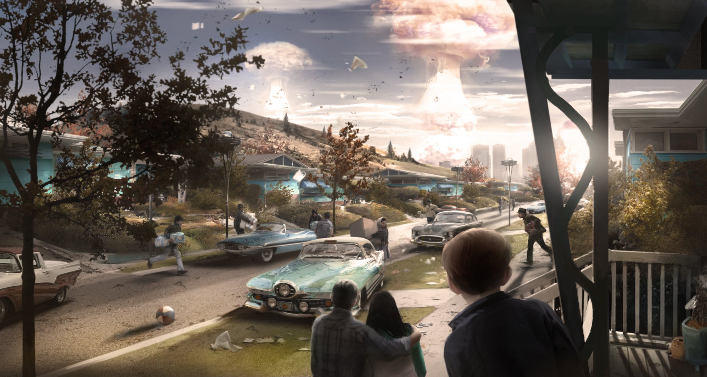 atomexplosion explosion stadt straße häuser autos menschen panik fallout 4 konzept fallout konzeptkunst bethesda softworks bethesda