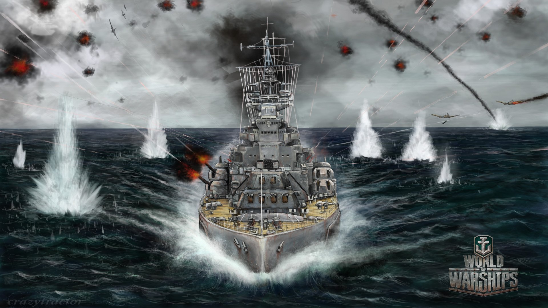 world of warship art sea ship planes fight explosions battle