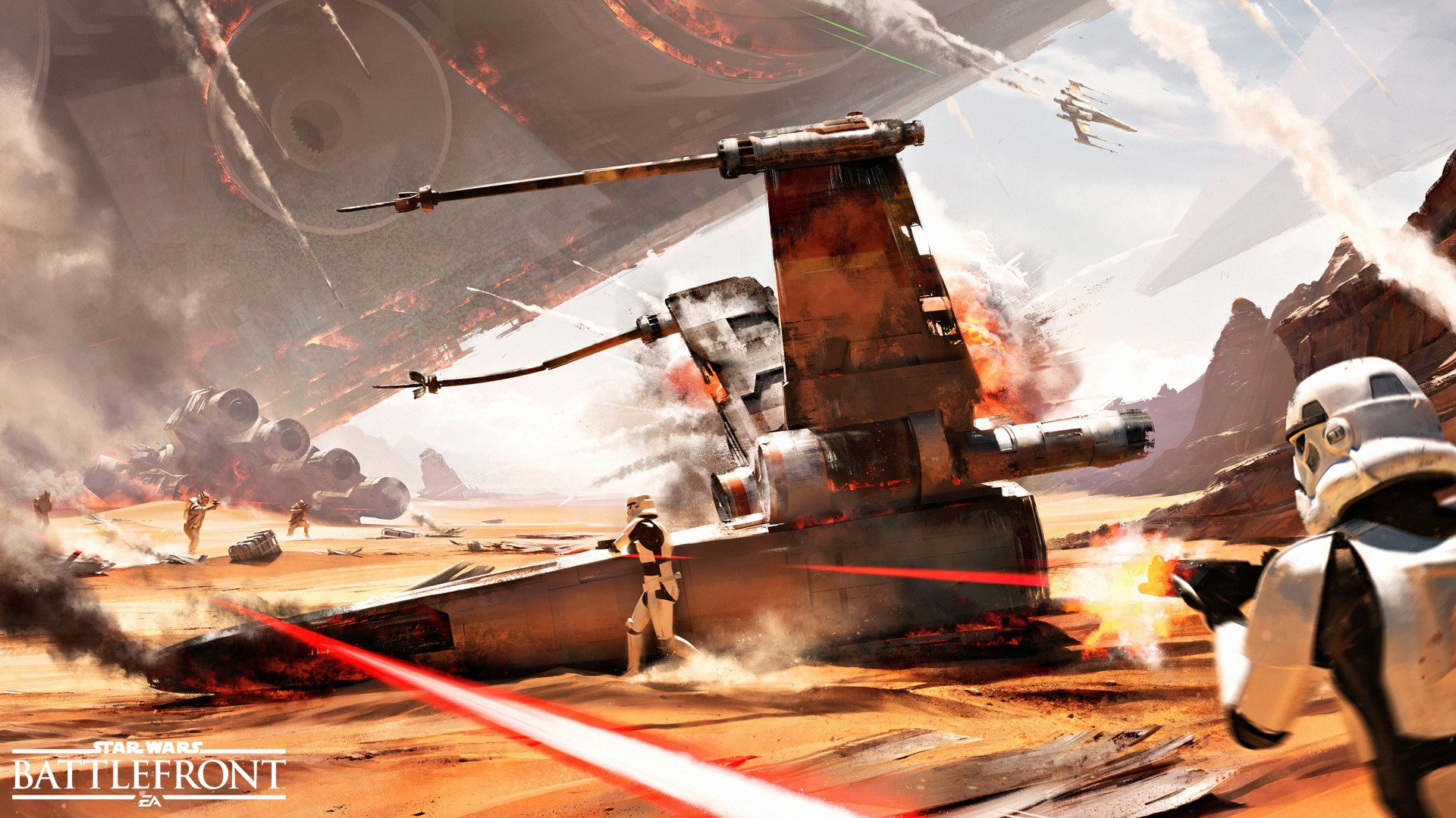 tar wars: battlefront kampf sturmtruppen blaster strahlen wüste himmel schiff rüstung helm rauch explosion logo logo ea dice elektronische kunst