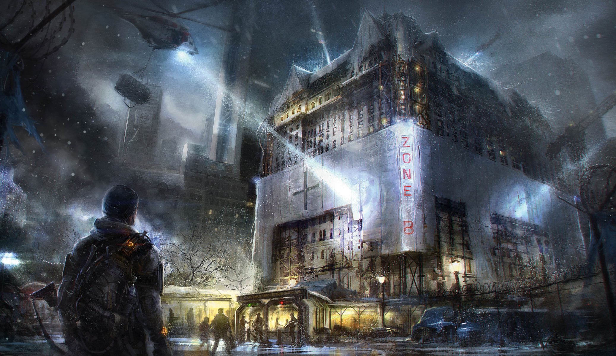 tom clancy département ubisoft entertainment art situation ville voitures bâtiments ciel fenêtre clôture pilier arme nuages survivants neige personnes lumière