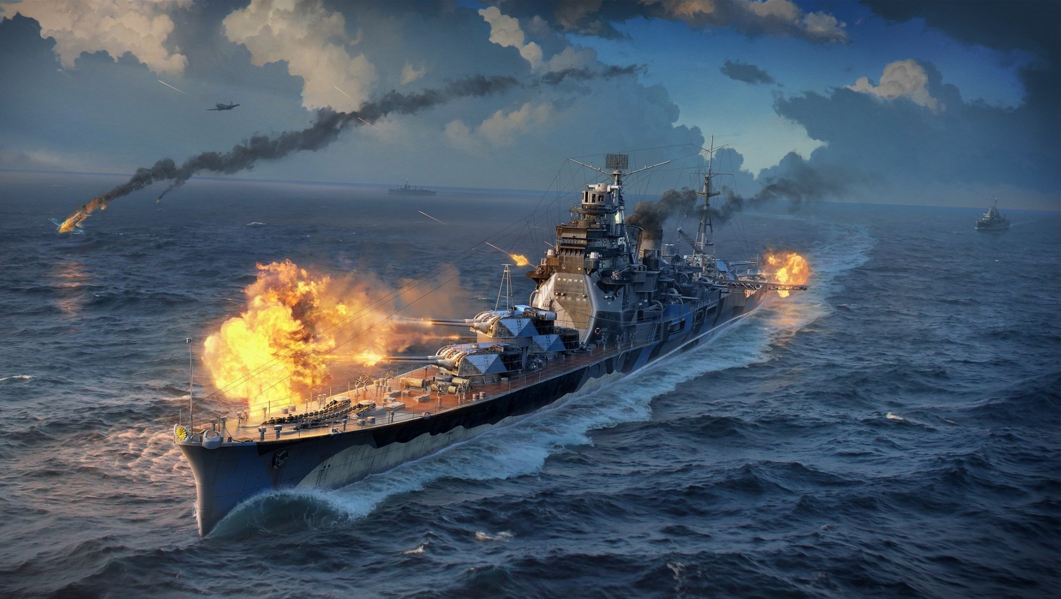 buques de guerra del mundo wargaming neto golpea barcos del mundo wg crucero atago crucero pesado atago barco olas agua mar tiro humo luz cielo nubes aviones volea llama fuego