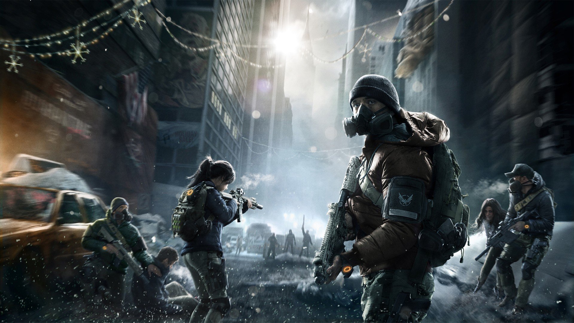 tom clancy s the division ubisoft entertainment town buildings weapon survivors people light smoke a sign sky clouds fog light rays winter industrial complex the situation apocalypse respirator snow machine bandits the division