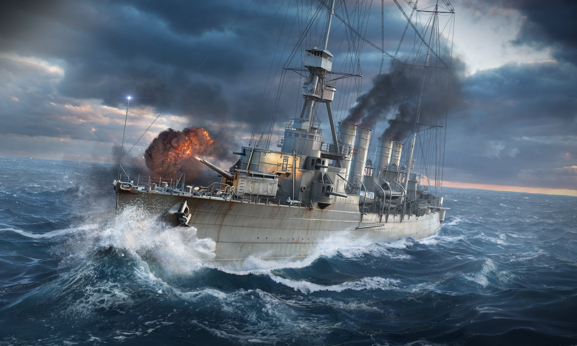 welt kriegsschiffe wargaming net erstaunt weltschiffe wg schiff wellen wasser meer schuss rauch licht sonnenuntergang himmel wolken kreuzer