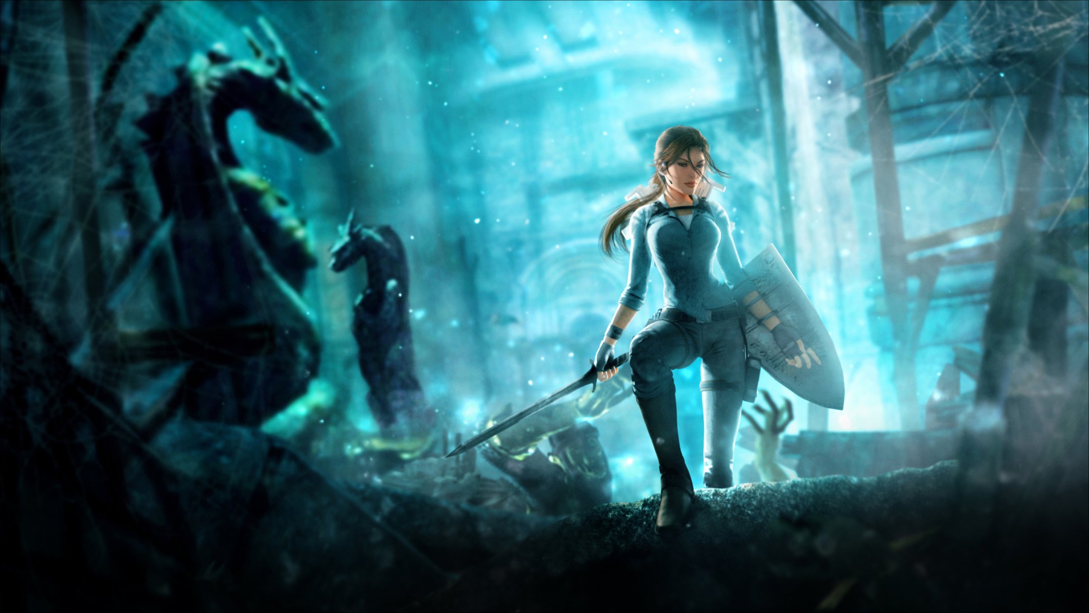 tomb raider underworld tomb raider: underworld girl shield sword view beauty hair