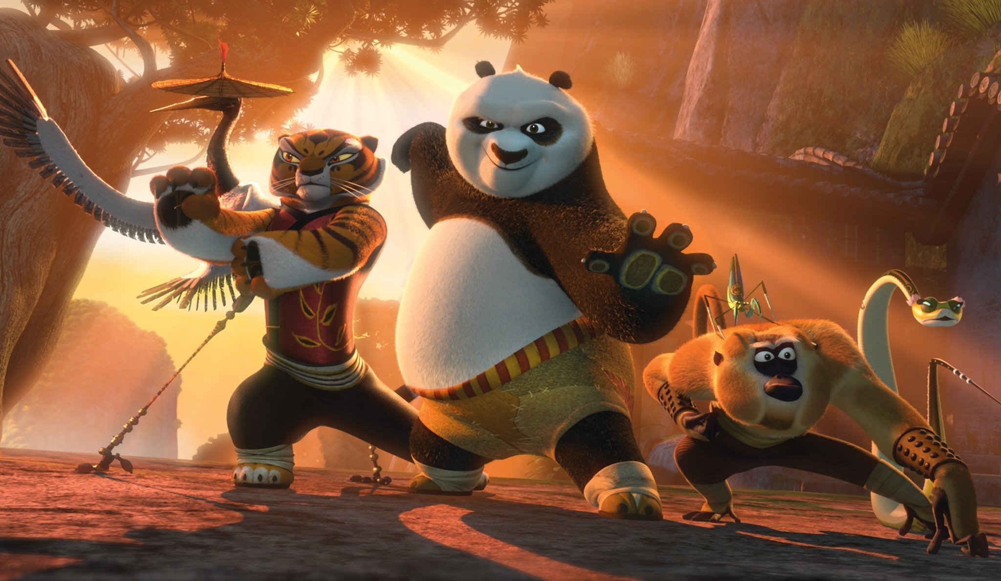 kung fu panda 2 po wilde fünf kranich tigerin affe mantis schlange sonnenuntergang