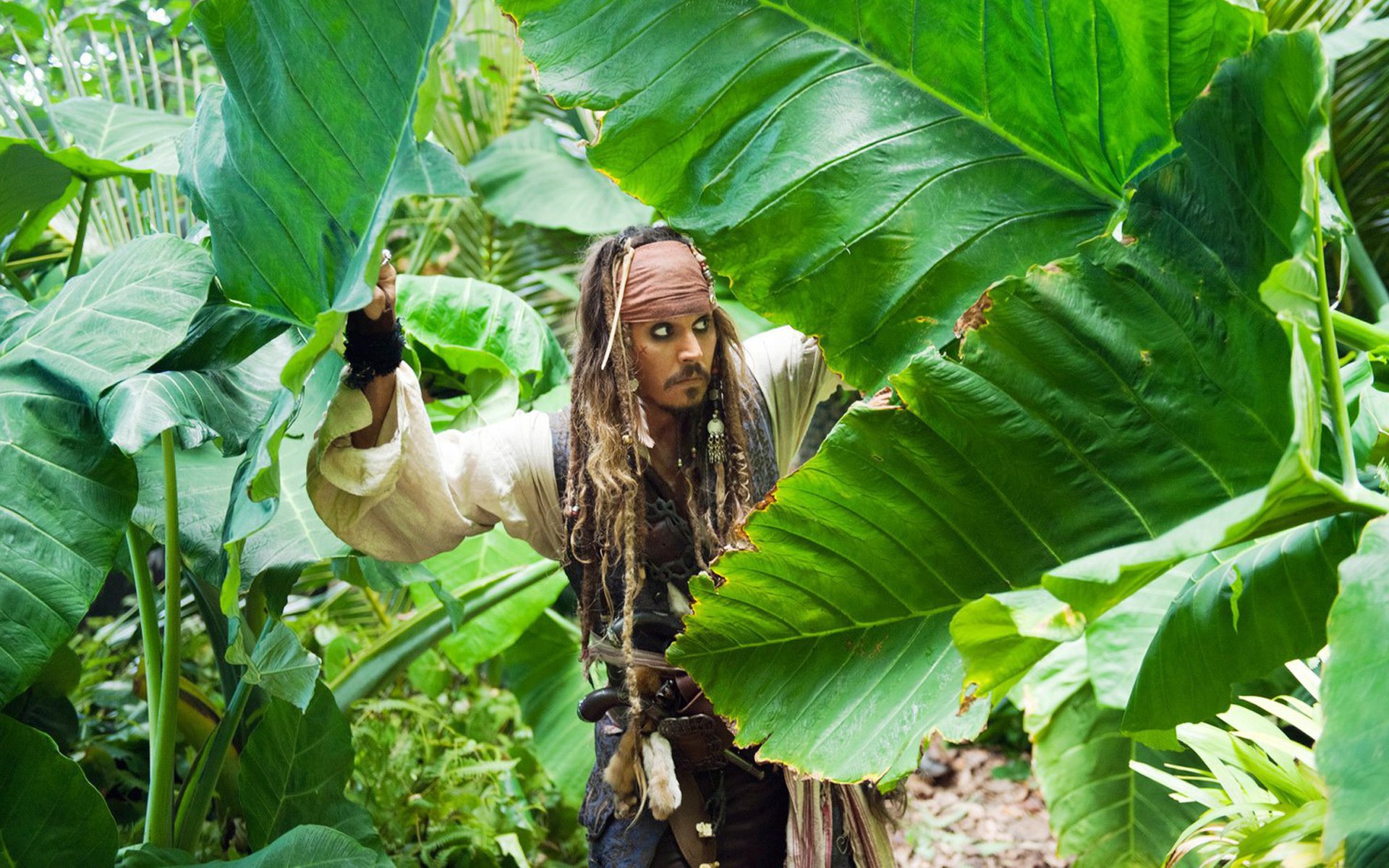 pirates des caraïbes 4 jack sparrow johnny depp jungle feuilles