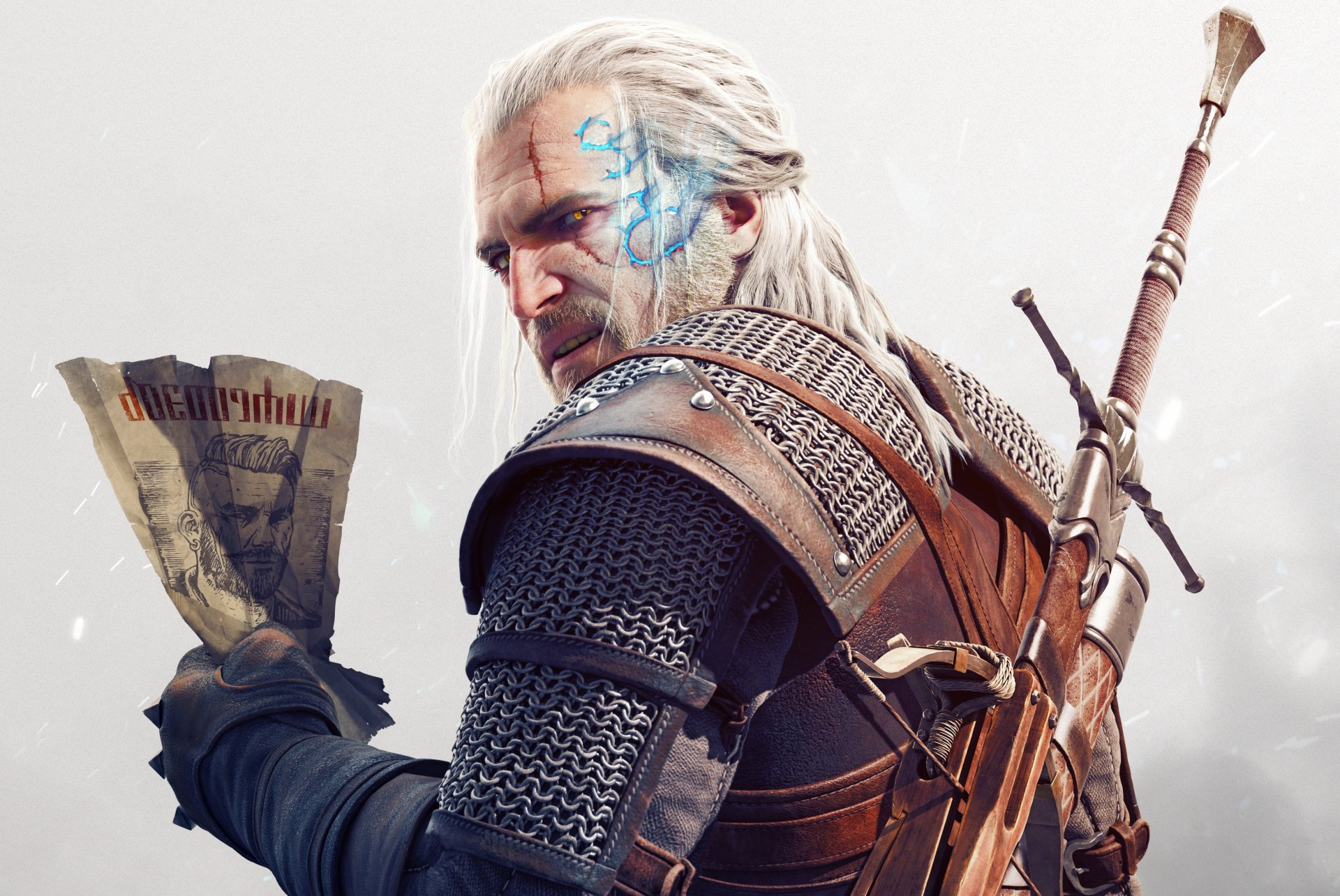 witcher 3 : wilde jagd steinherzen dlc geralt schwert bart blick narbe magie papier armbrust rüstung cd projekt red