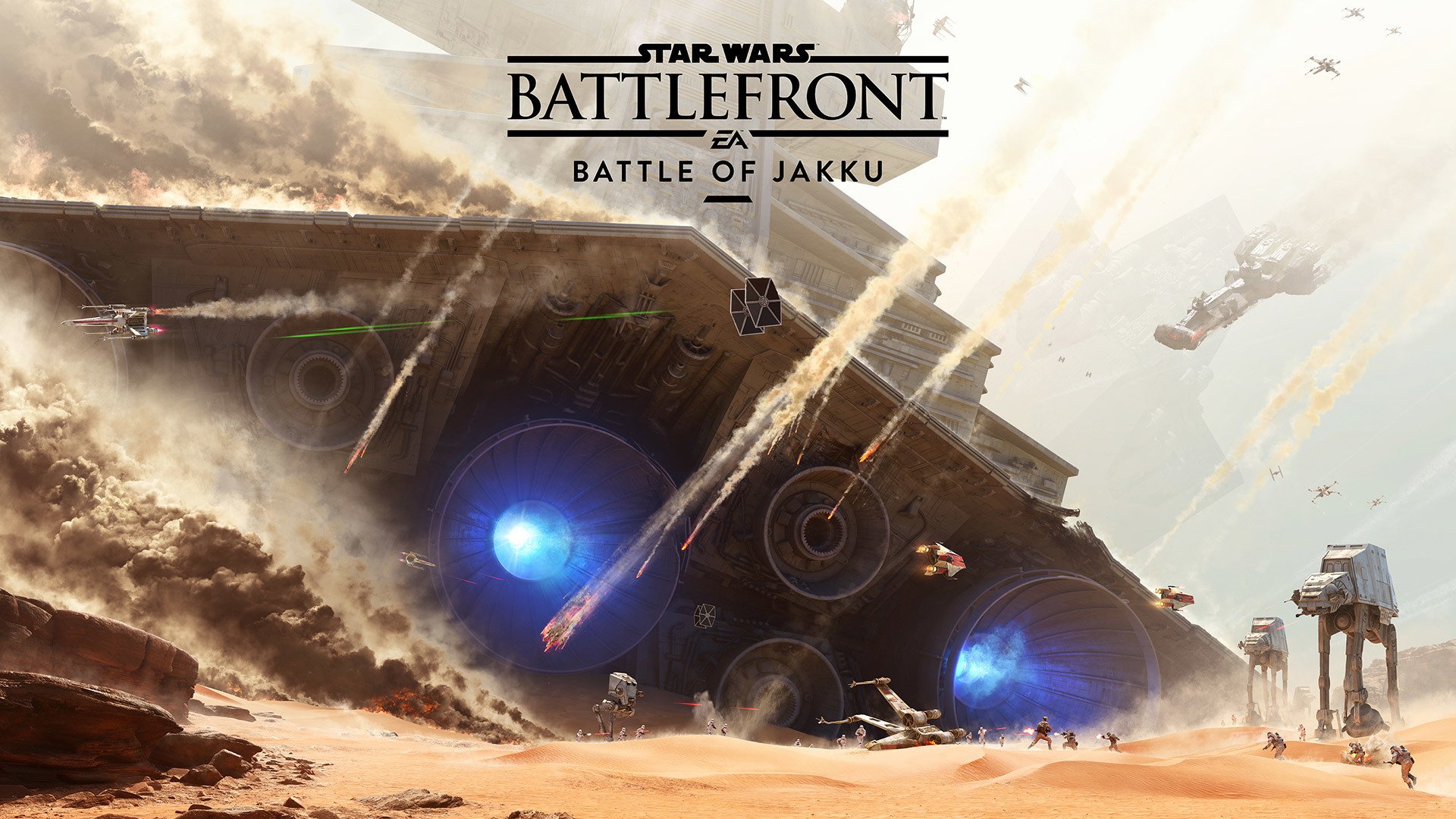 tar wars: battlefront bitwa jakku dlc electronic arts ea dice walka promienie pustynia niebo statek dym wybuch