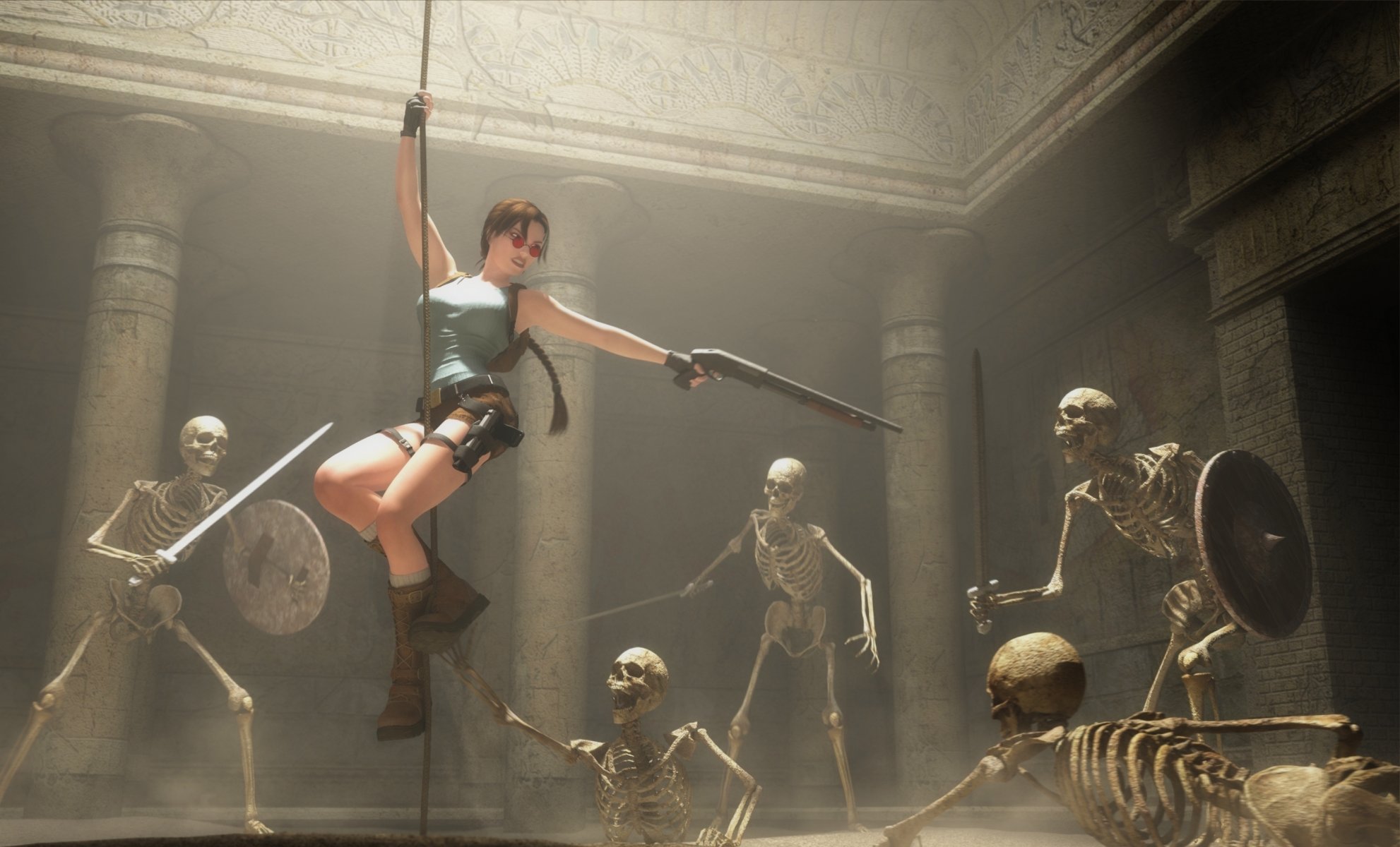 miecz tarcza lara croft tomb raider strzelba lina wentylator sztuka szkielet