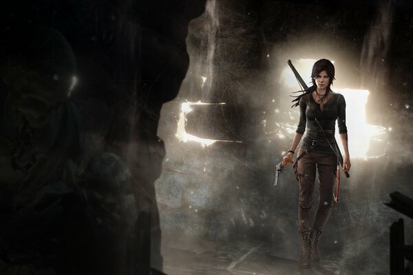 Lara Croft walks through the cave with a revolver