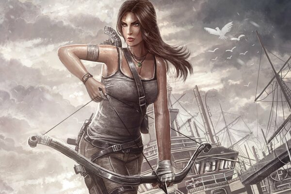 Lara Croft at the ship with a bow and arrow