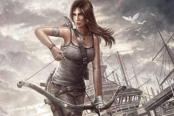 Lara Croft à bord d un navire avec un arc et des flèches