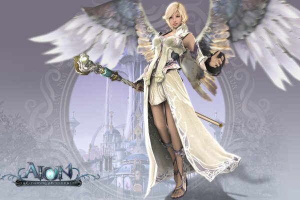 The girl is a militant angel with a staff