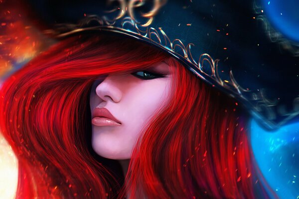 Девушка с красными волосами в шляпе пирата на огненном фоне