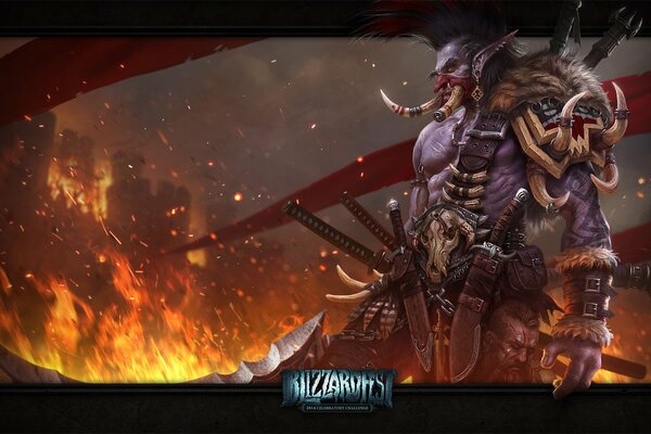 Troll avec des armes du monde Warcraft avec des flammes