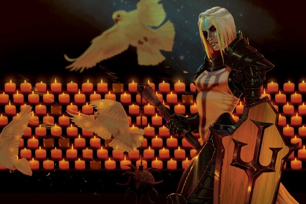 Fan art on the game, the crusader reaper among pigeons in the twilight