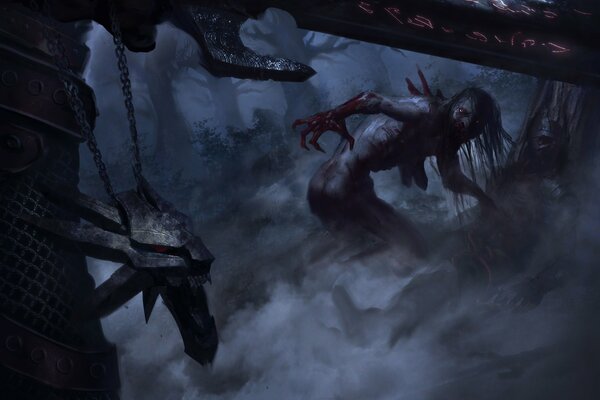 Фантастические монстры в туманном лесу