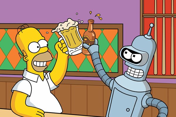 Simpson trinkt Bier in einer Bar mit einem Roboter